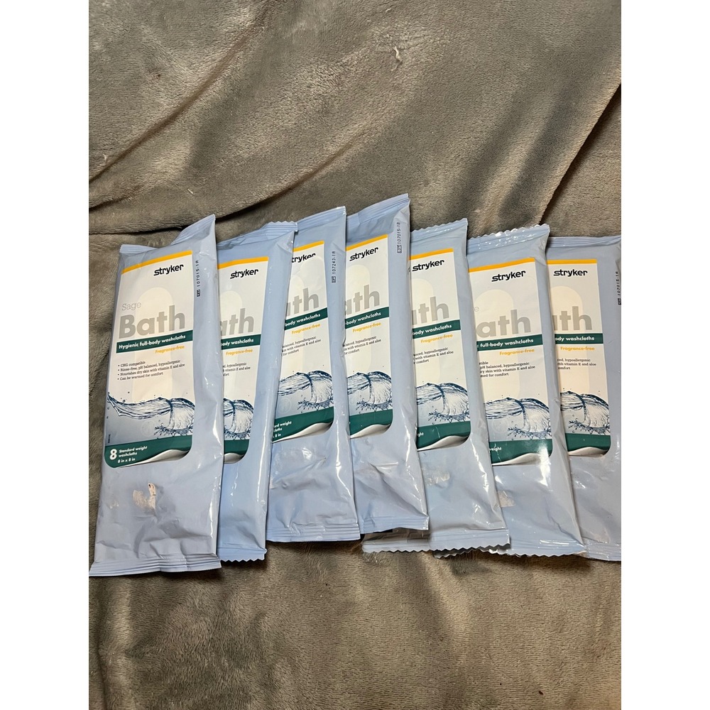 Stryker Sage Bath Washcloths Lot 7 Fragrance Free Full Body Wipes 8ct